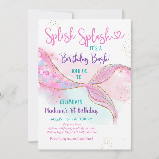 Mermaid Splish Splash Pink Gold Birthday Kaart (Voorkant)