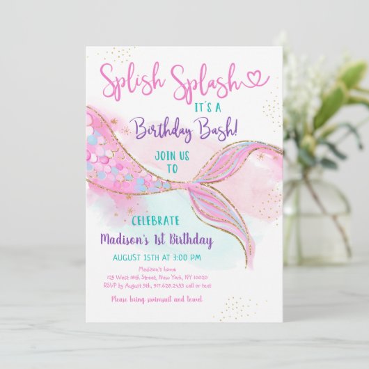 Mermaid Splish Splash Pink Gold Birthday Kaart (Staand voorkant)