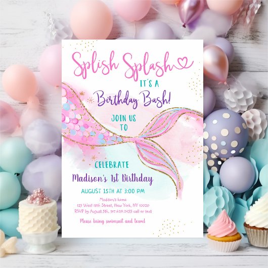 Mermaid Splish Splash Pink Gold Birthday Kaart