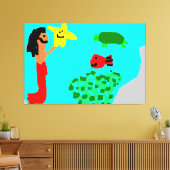 Mermaid Star Fish Turtle Seaweed Ocean Life Art Canvas Afdruk (Insitu (Woonkamer))