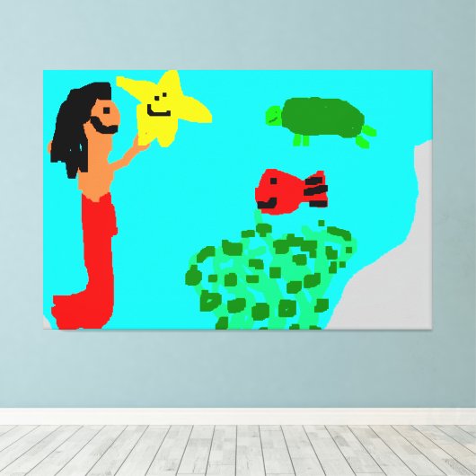 Mermaid Star Fish Turtle Seaweed Ocean Life Art Canvas Afdruk (Insitu (Houten vloer))