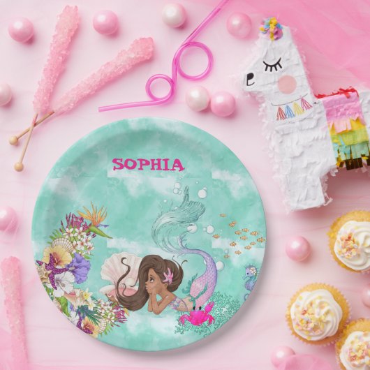 Mermaid Starfish Dark Hair Cute Personal Napkins Papieren Bordje (Feest)