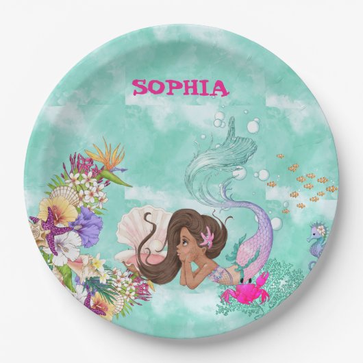 Mermaid Starfish Dark Hair Cute Personal Napkins Papieren Bordje (Voorkant)