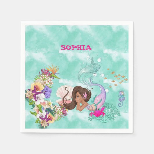 Mermaid Starfish Personal Dark Hair Cute Napkins Servet (Voorkant)