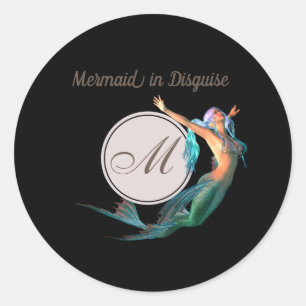 Mermaid Summer Monogram Black Modern Chic Ronde Sticker