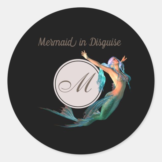 Mermaid Summer Monogram Black Modern Chic Ronde Sticker (Voorkant)