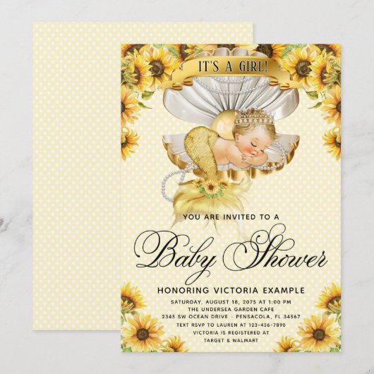 Mermaid Sunflower Baby Shower Uitnodiging (Voorkant / Achterkant)