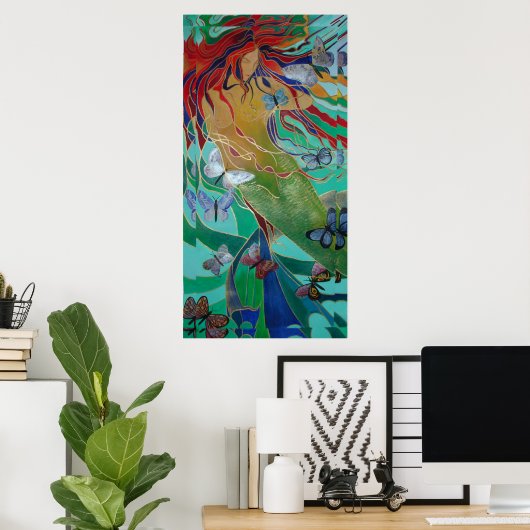 Mermaid Swimming with Butterflies Fantasy Art Poster (Thuiskantoor)