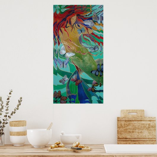 Mermaid Swimming with Butterflies Fantasy Art Poster (Keuken)