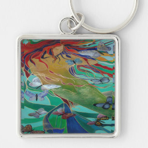 Mermaid Swimming with Butterflies Fantasy Art Sleutelhanger