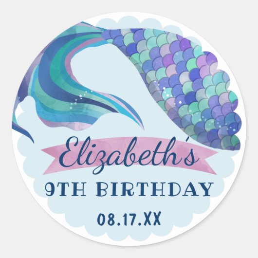 Mermaid Tail Achtergrond Birthday Partij Ronde Sticker (Voorkant)