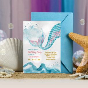 Mermaid Tail Baby Girl Theme Birthday Party Kaart