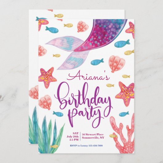 Mermaid Tail Birthday Party Kaart (Voorkant / Achterkant)