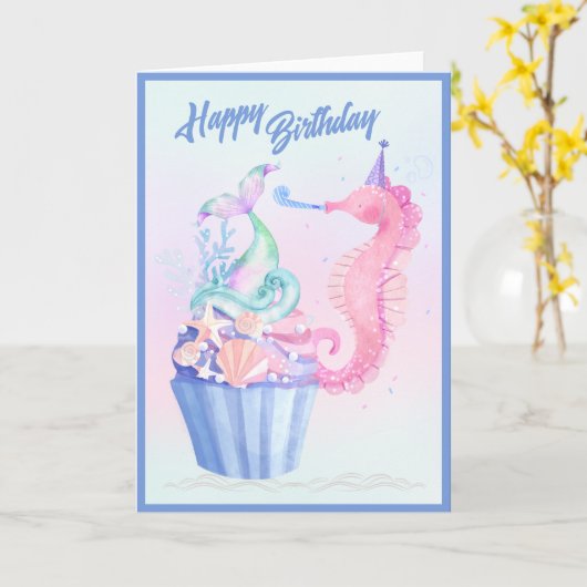 Mermaid Tail Cupcake Birthday Kaart (Gele Bloem)
