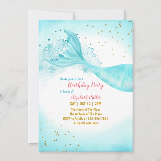 Mermaid Tail Girl Birthday Party Invitation Kaart (Voorkant)