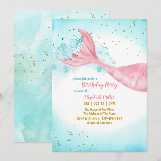 Mermaid Tail Girl Birthday Party Invitation Kaart (Voorkant / Achterkant)