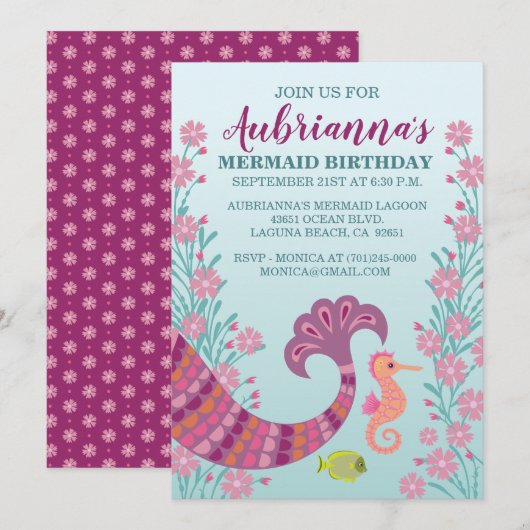 Mermaid Tail Girl Birthday Party Invitation Kaart (Voorkant / Achterkant)