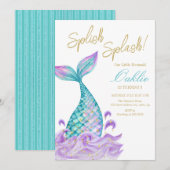 Mermaid Tail Girl Waterverf Birthday Party Kaart (Voorkant / Achterkant)