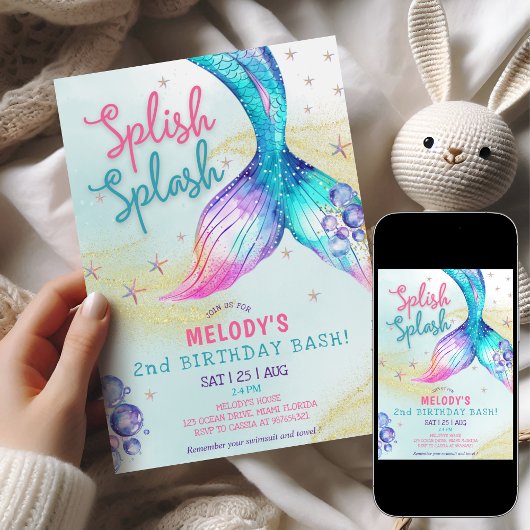 Mermaid Tail Glitter 2nd Birthday Invitation Kaart