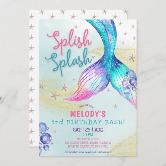 Mermaid Tail Glitter 3rd Birthday Invitation Kaart (Voorkant / Achterkant)