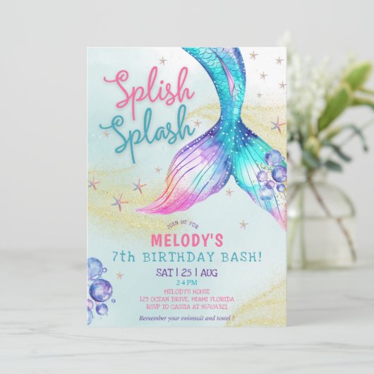 Mermaid Tail Glitter 7th Birthday Invitation Kaart (Staand voorkant)