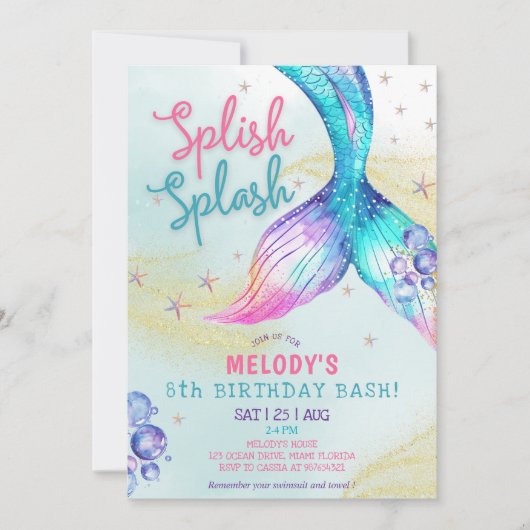 Mermaid Tail Glitter 8th Birthday Invitation Kaart (Voorkant)