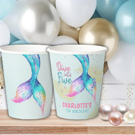 Mermaid Tail Glitter Dive into Five 5th birthday Papieren Bekers