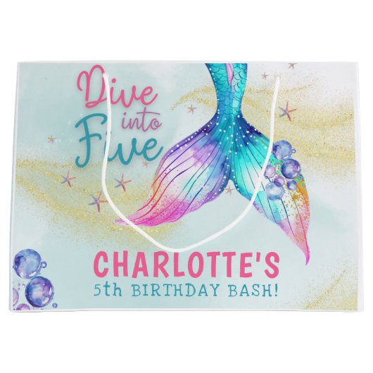 Mermaid Tail Glitter Dive into Five birthday Groot Cadeauzakje (Voorkant)
