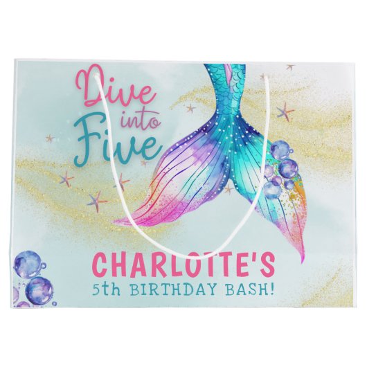 Mermaid Tail Glitter Dive into Five birthday Groot Cadeauzakje (Achterkant)