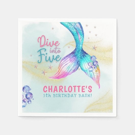 Mermaid Tail Glitter Dive into Five birthday Servet (Voorkant)
