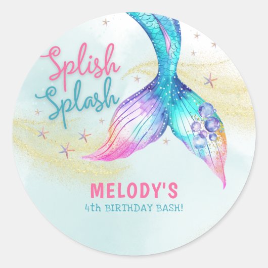 Mermaid Tail Glitter Splish Splash birthday Ronde Sticker (Voorkant)
