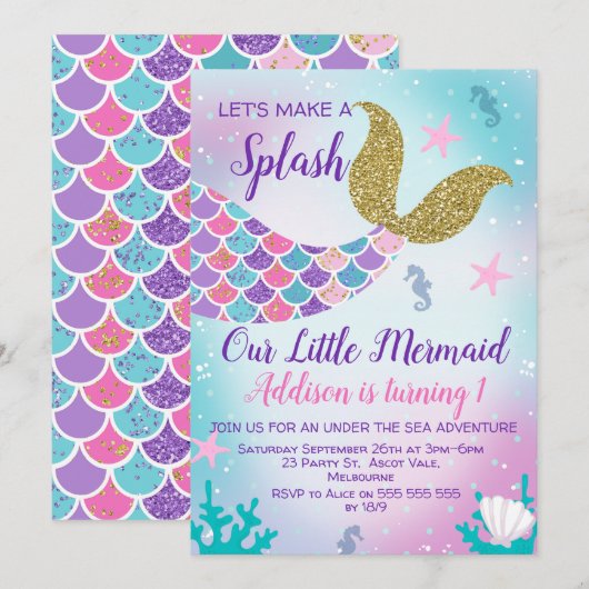 Mermaid Tail Gold Roze Paarse Verjaardagsuitnodigi Kaart (Voorkant / Achterkant)