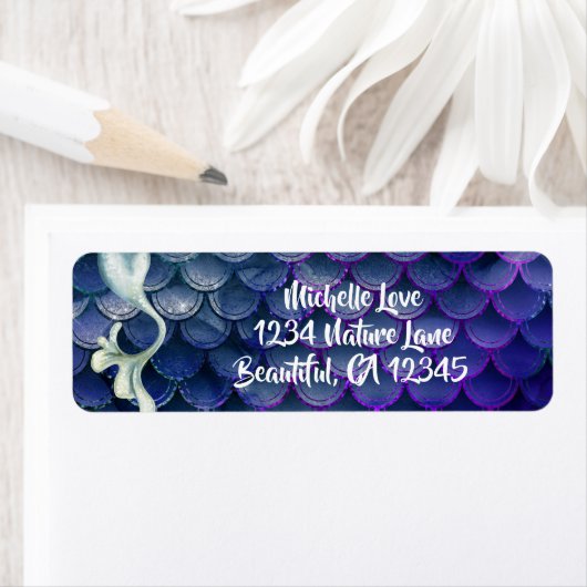 Mermaid Tail in Blue en Sparking Scales Address Etiket (Insitu)