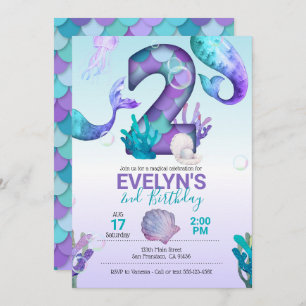 Mermaid Tail Mermaid Invitation for 2nd Birthday Kaart