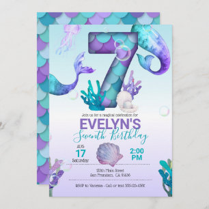 Mermaid Tail Mermaid Invitation for 7th Birthday Kaart
