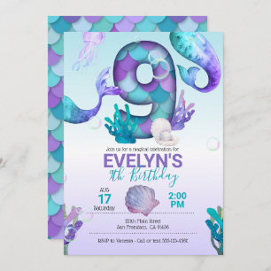 Mermaid Tail Mermaid Invitation for 9th Birthday Kaart