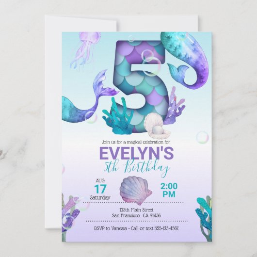 Mermaid Tail Mermaid Uitnodiging voor de 5e Verjaa (Voorkant)