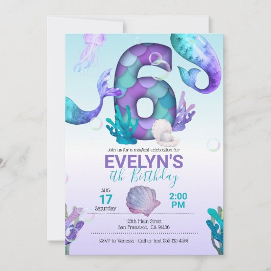 Mermaid Tail Mermaid Uitnodiging voor de 6e Verjaa (Voorkant)