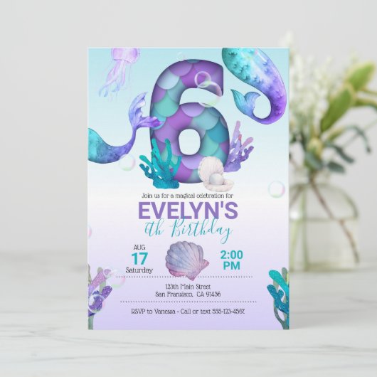 Mermaid Tail Mermaid Uitnodiging voor de 6e Verjaa (Staand voorkant)