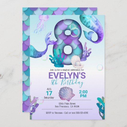 Mermaid Tail Mermaid Uitnodiging voor de 8e Verjaa (Voorkant / Achterkant)