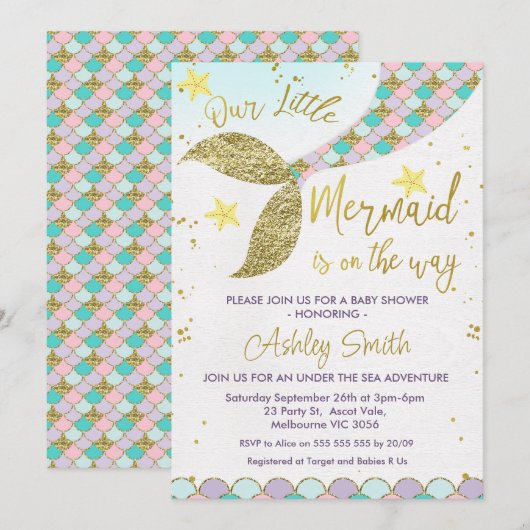 Mermaid Tail onder de uitnodiging van het Baby sho (Voorkant / Achterkant)