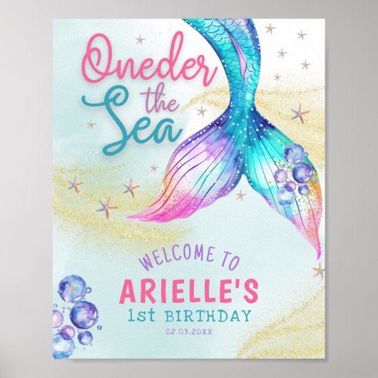 Mermaid Tail Onder the sea 1st birthday Welcome Poster (Voorkant)