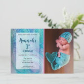 Mermaid Tail Pattern Baby Foto eerste verjaardag Kaart (Staand voorkant)