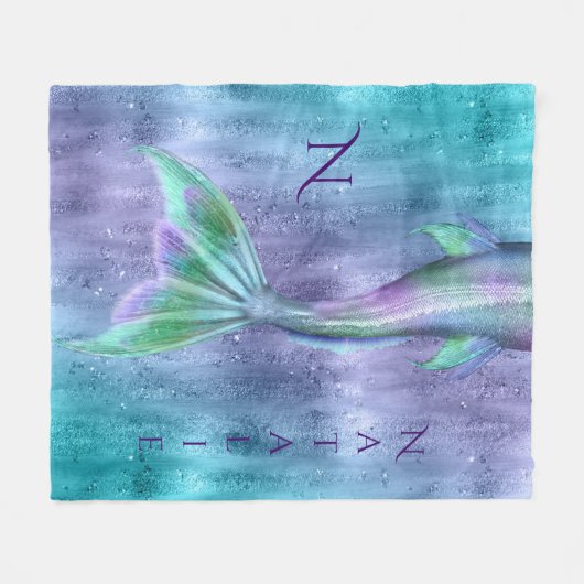 Mermaid Tail Sparkles Monogram Fleece Deken (Voorkant (Horizontaal))