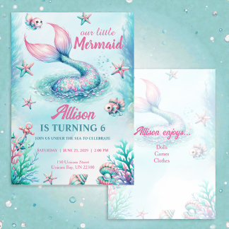 Mermaid Tail Teal Pink Girly Birthday Invitation Kaart