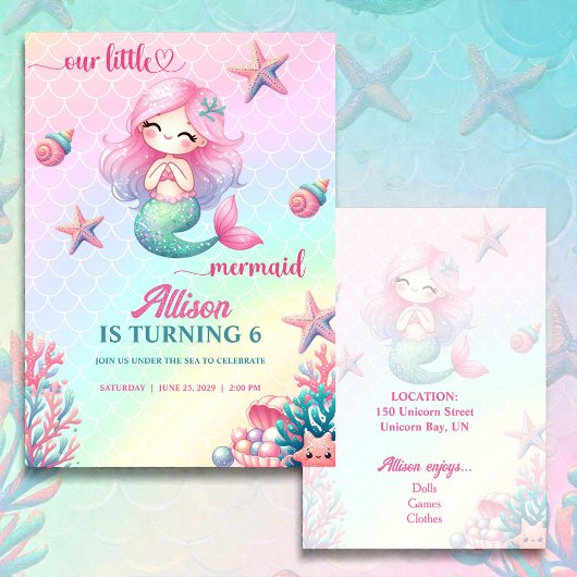 Mermaid Tail Teal Pink Girly Birthday Invitation Kaart