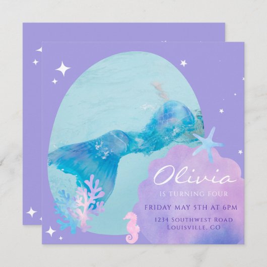 Mermaid Tail Verjaardagsuitnodiging, Onder het Zee (Voorkant / Achterkant)