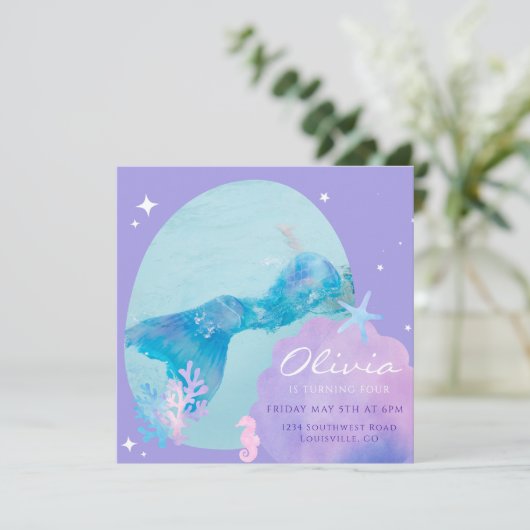 Mermaid Tail Verjaardagsuitnodiging, Onder het Zee (Staand voorkant)