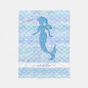 Mermaid Tail Waterverf Blue Scale Pattern met naam Fleece Deken