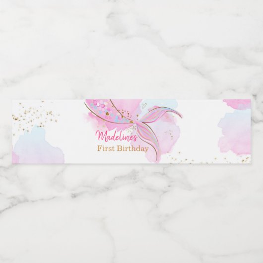 Mermaid Tail Waterverf Roze Gold Girl Birthday Waterfles Etiket (Enkel label)